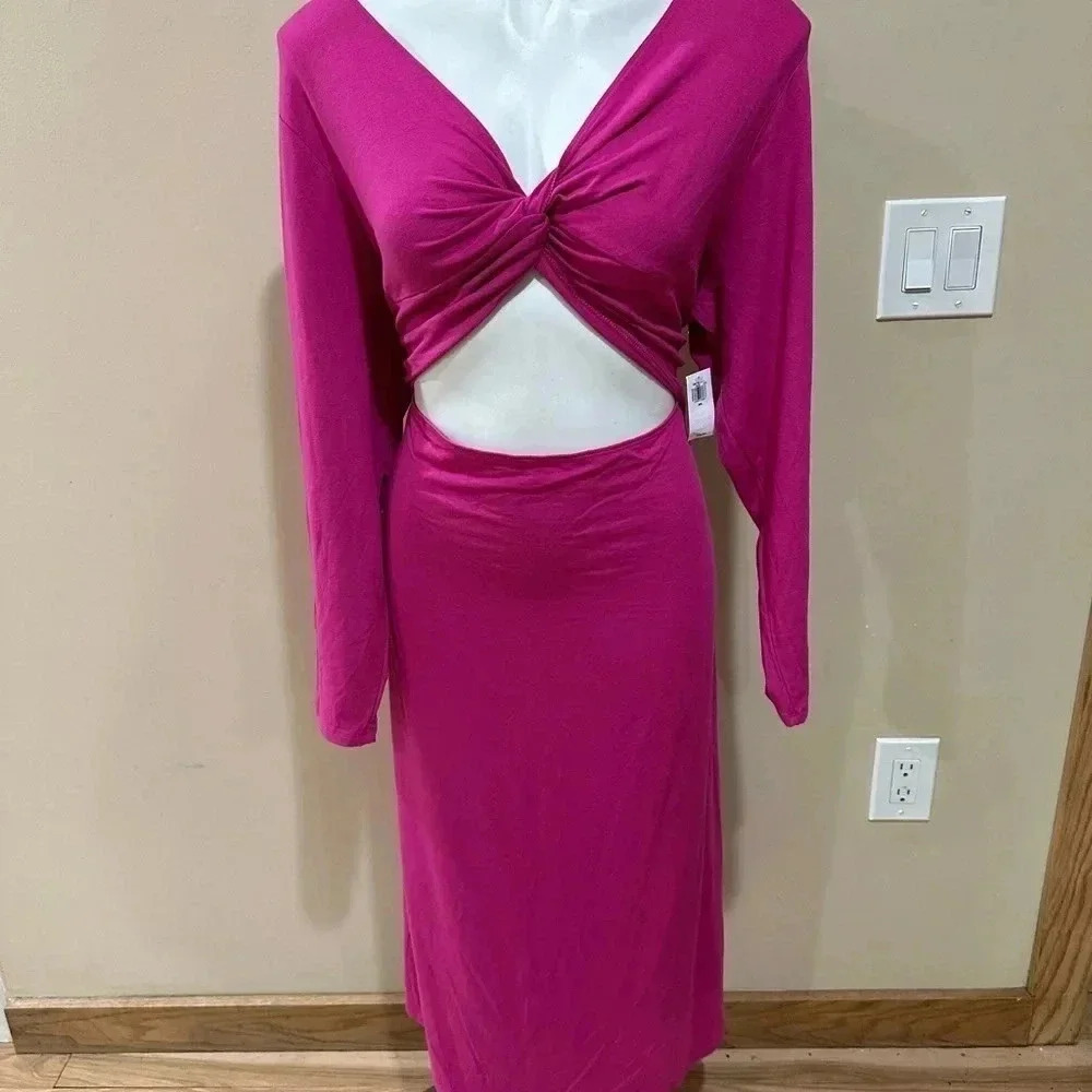 Old Navy Fit & Flare Twist-Front Cutout Midi Dress in Raspberry Tart Women' - Picture 2 of 10